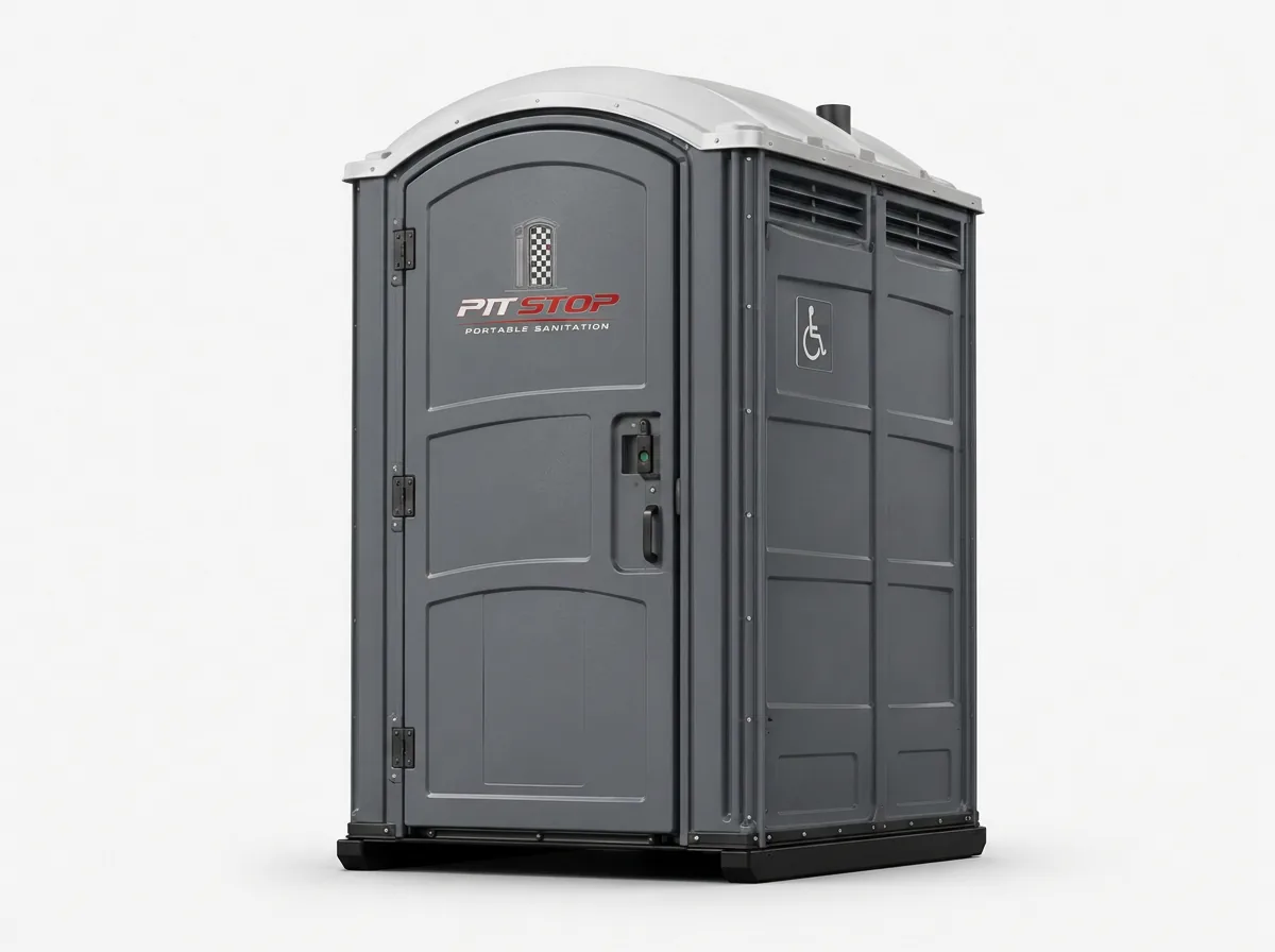 Wide wheelchair accessible portable toilet with the door open on a white background