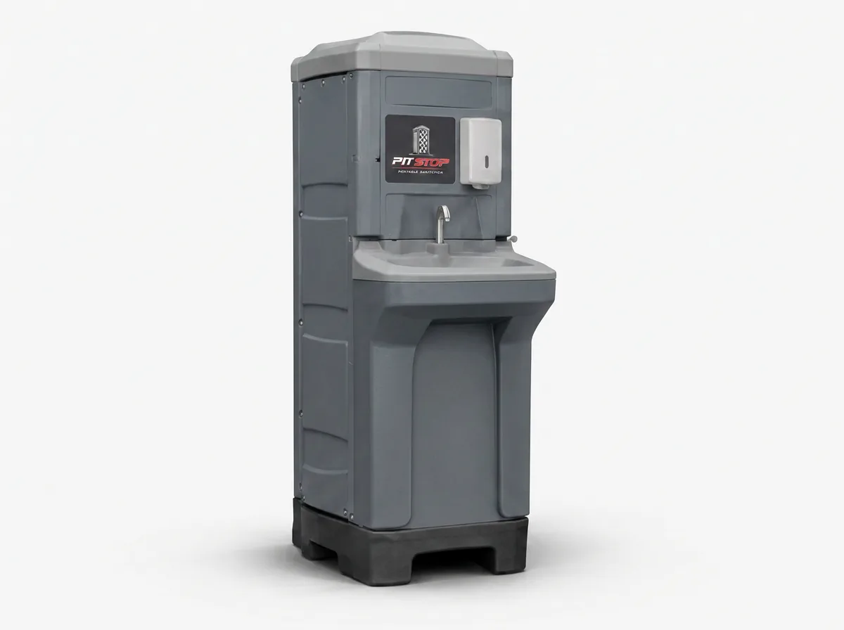 Freestanding two-basin portable handwashing station on a white background