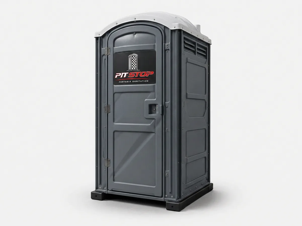 Standard gray porta potty unit on a white background