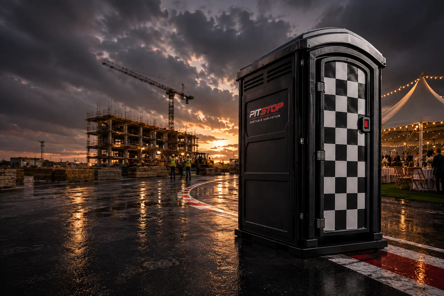 Pitstop portable restroom with checkered door on a racing-inspired asphalt surface, construction site and event tent in the background