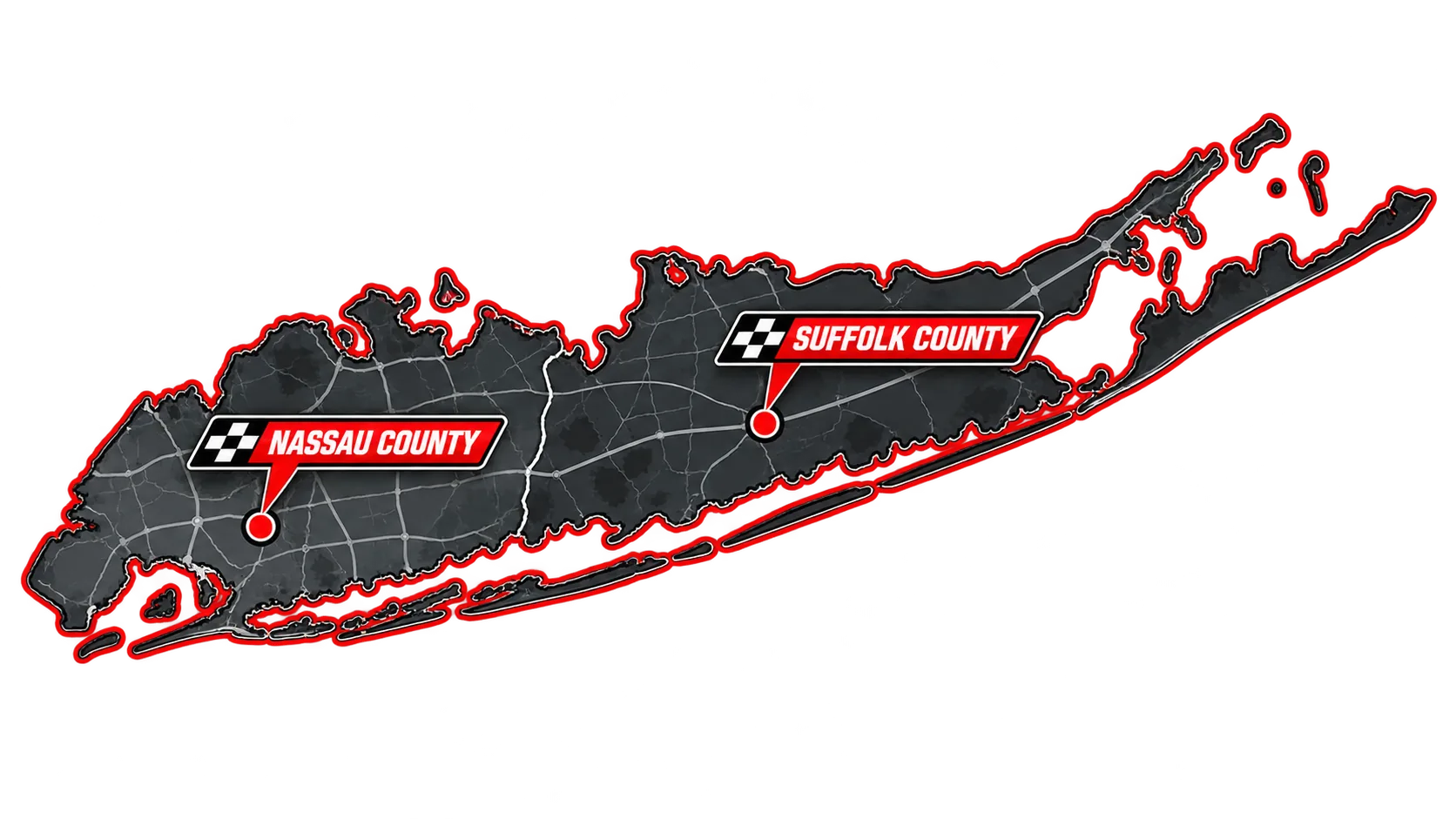 Map of Long Island, New York highlighting Nassau County to the west and Suffolk County to the east