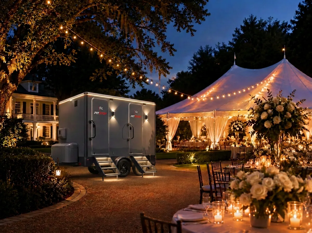 Multi-stall luxury restroom trailer beside an elegant tented Long Island wedding reception at dusk