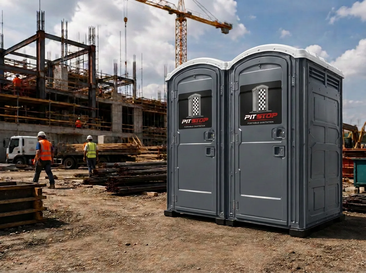 Two dark gray Pitstop porta potties on an active Long Island construction site with a crane overhead