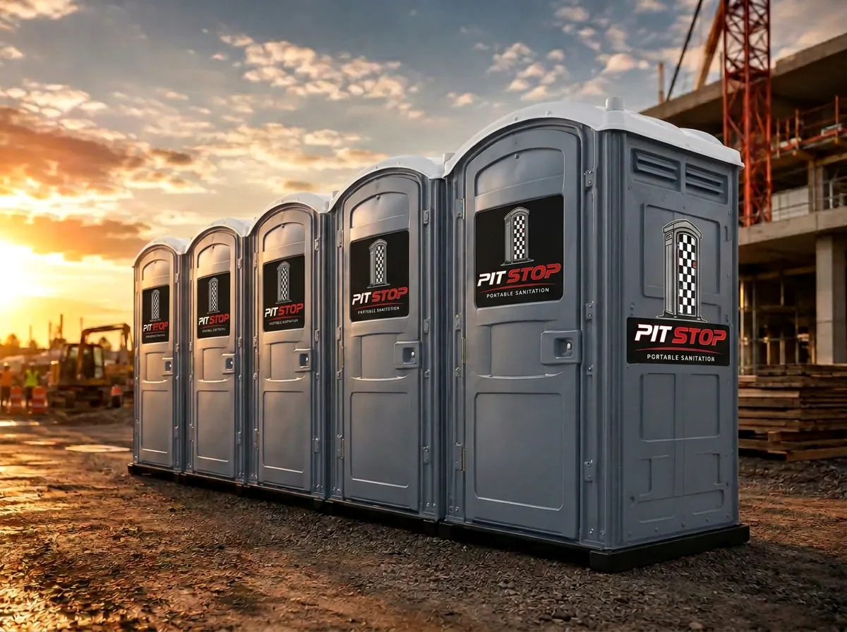 Row of clean Pitstop portable restroom units staged on a Long Island job site